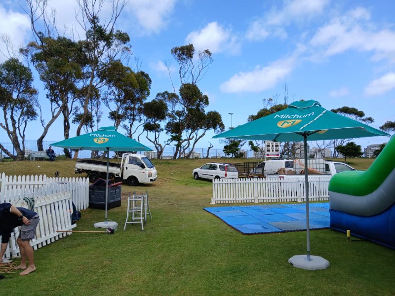 Branded square aluminium parasol providing outdoor shade and four-sided branding.