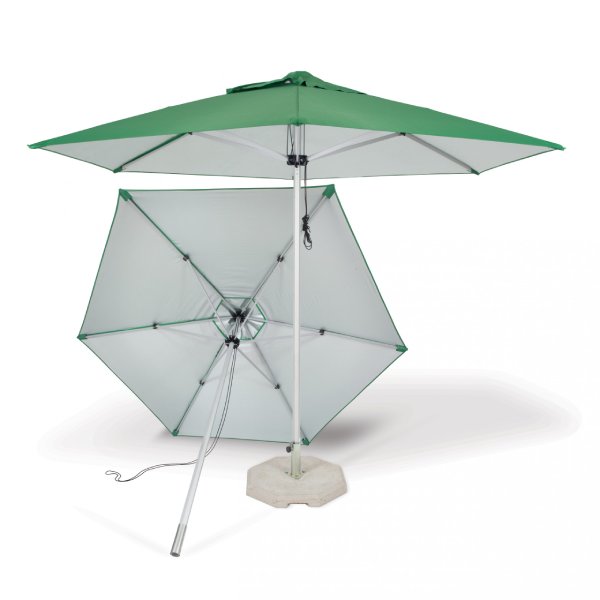 Branded square aluminium parasol providing outdoor shade and four-sided branding.