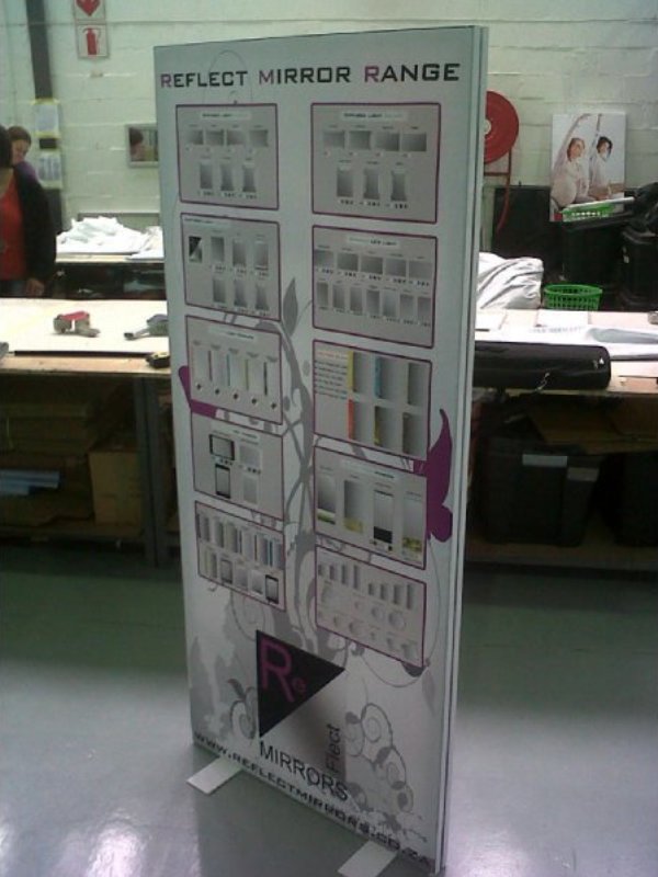 Portable fabric display stand with Tenstyle® aluminium frame and silicone edge fabric graphics.
