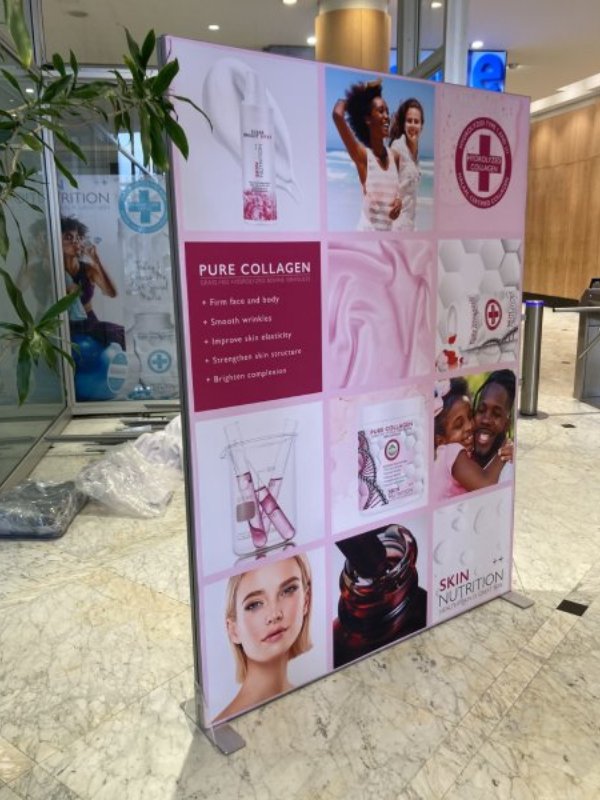Portable fabric display stand with Tenstyle® aluminium frame and silicone edge fabric graphics.
